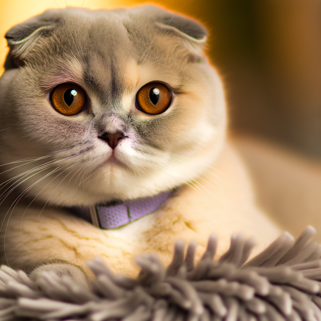 Cute cat with big, expressive eyes relaxing on a blanket.