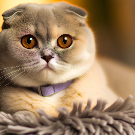 Cute cat with big, expressive eyes relaxing on a blanket.