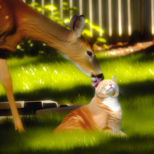 A deer lovingly licks an orange cat in the grass.