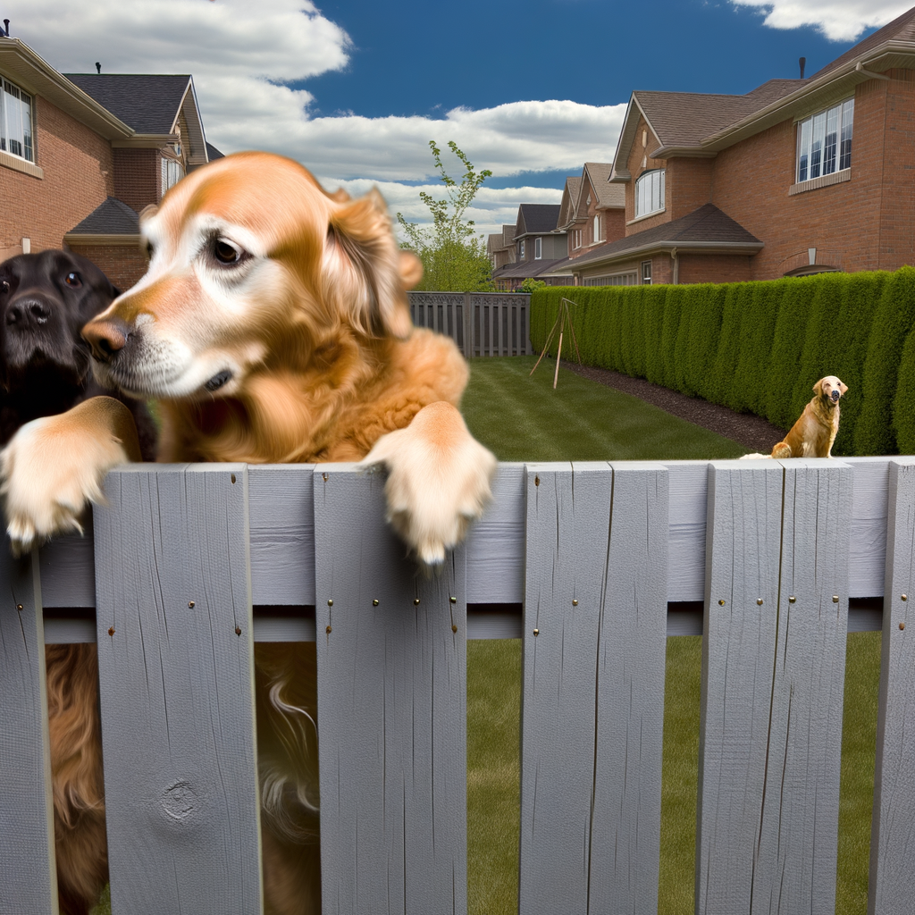 Three dogs looking over a wooden fence in a yard.