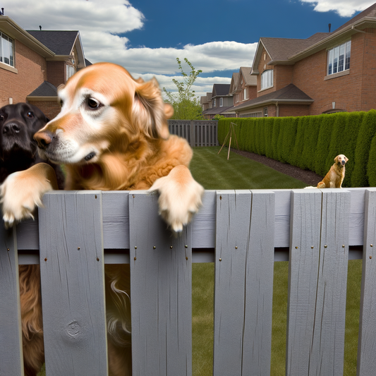 Three dogs looking over a wooden fence in a yard.