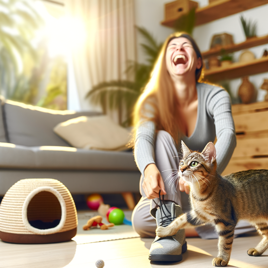 Woman laughing while playing with her cat indoors.