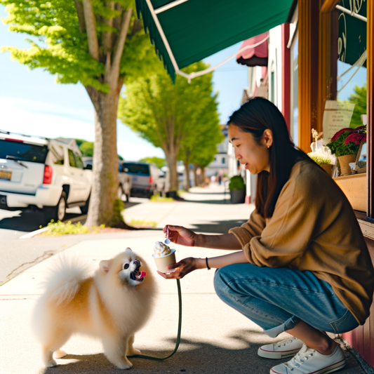 Woman giving ice cream to a happy dog.