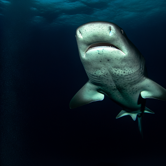 Large shark swimming in dark ocean waters.
