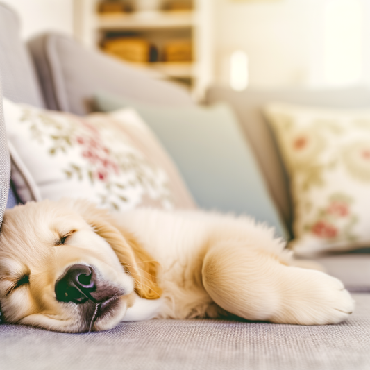 Sleeping golden retriever puppy on a cozy couch.