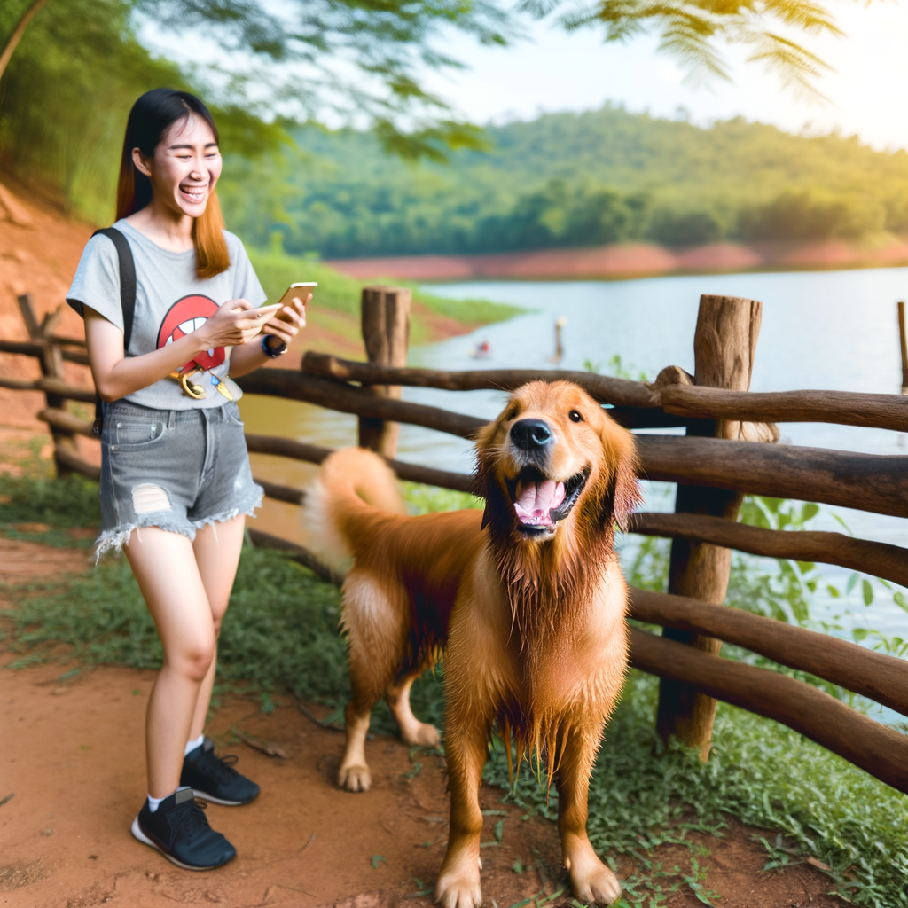 A woman enjoys time with her happy golden retriever.