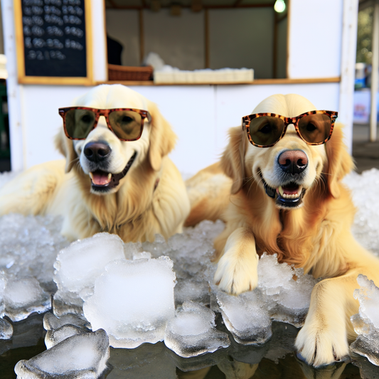 Two golden retrievers relaxing on ice in sunglasses.