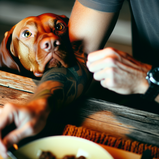 A dog resting its head on a person's arm.