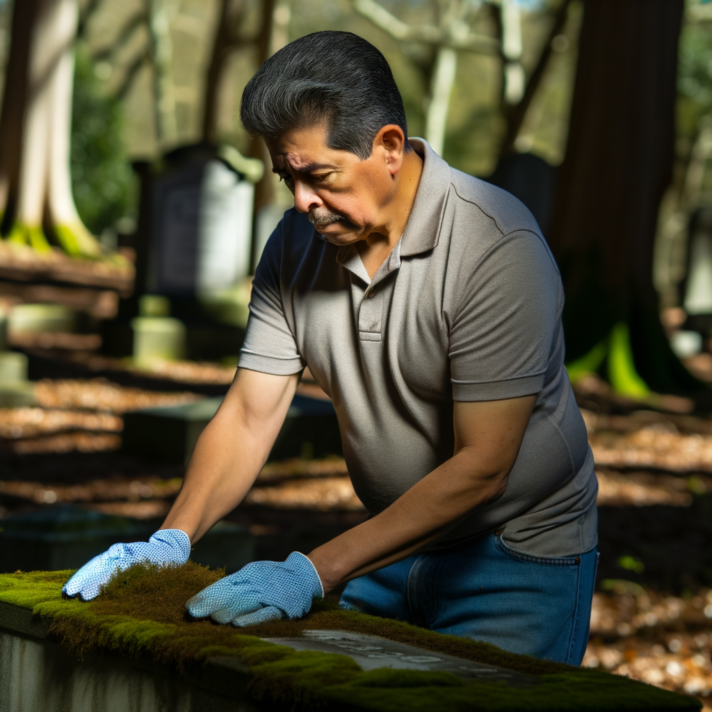 Person tending to a gravestone in a cemetery.