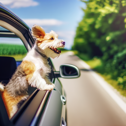 Dog happily enjoying a car ride with its head out the window.