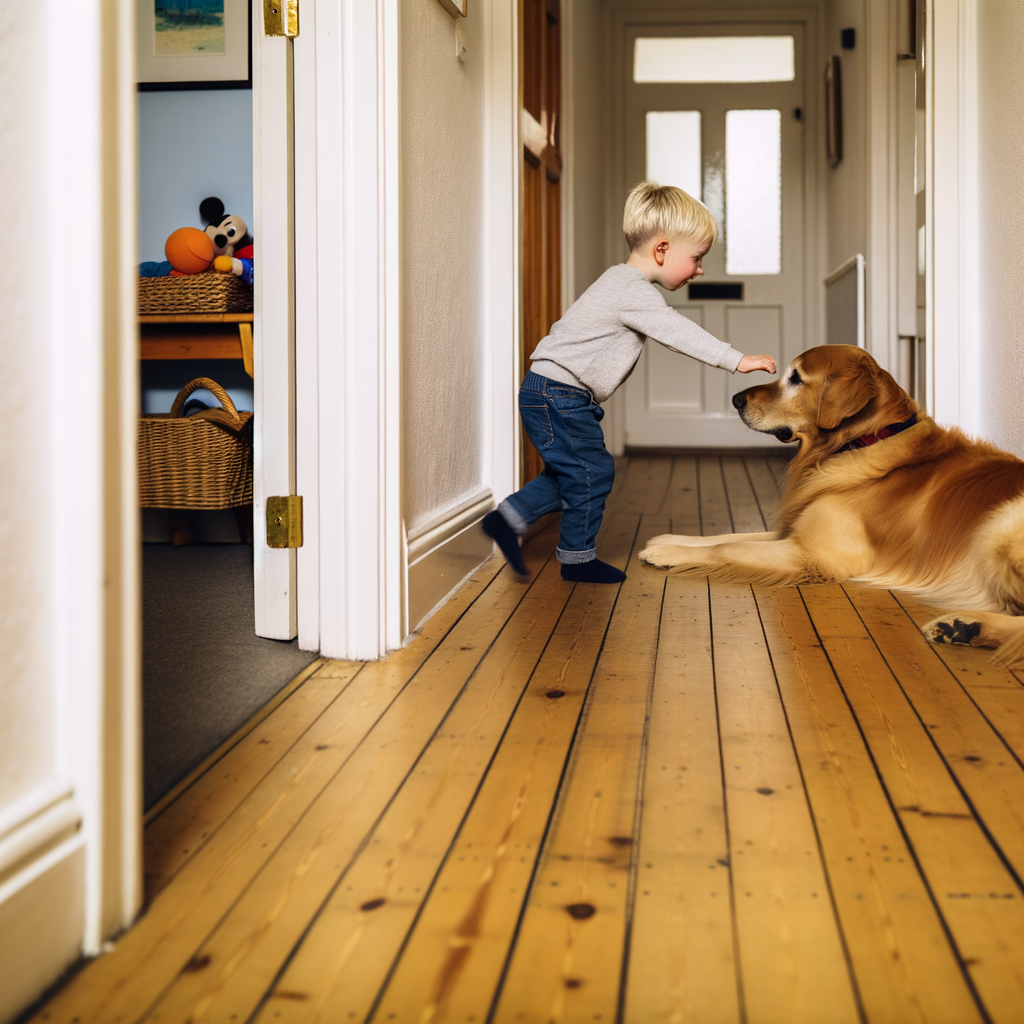 Toddler gently petting a golden retriever in a hallway.