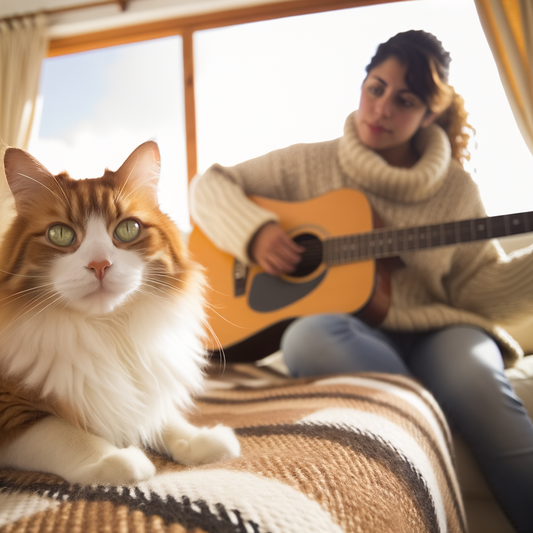 A cat lounging while a person plays guitar.