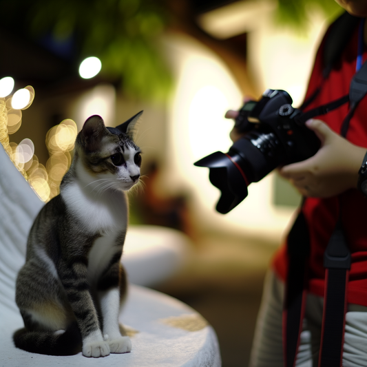 Person photographing a curious cat in soft lighting.