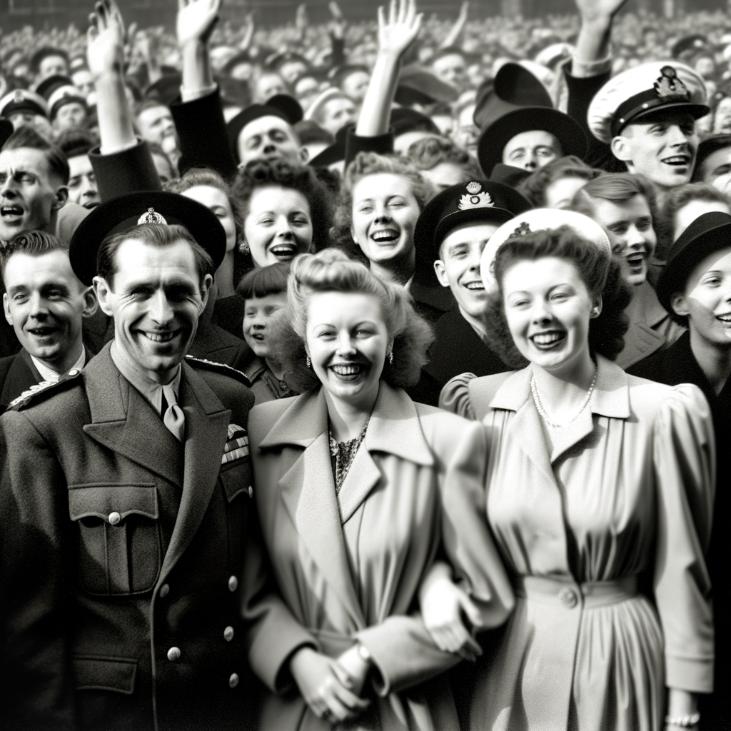 Joyful crowd cheering with smiles and raised hands.