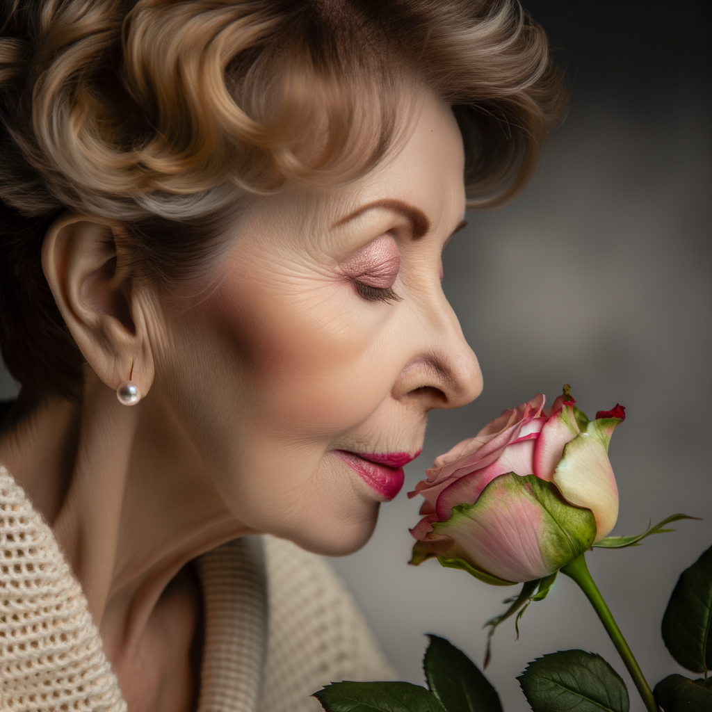 A woman enjoying the scent of a rose.