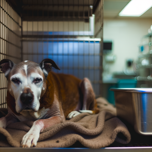 Dog resting in a kennel on a soft blanket.