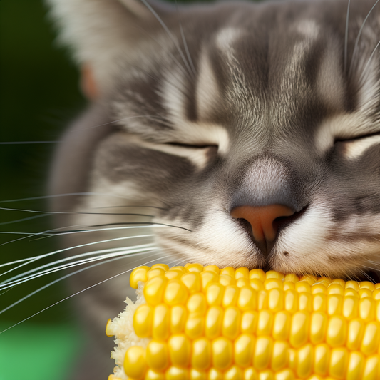 Gray cat happily napping with a cob of corn.