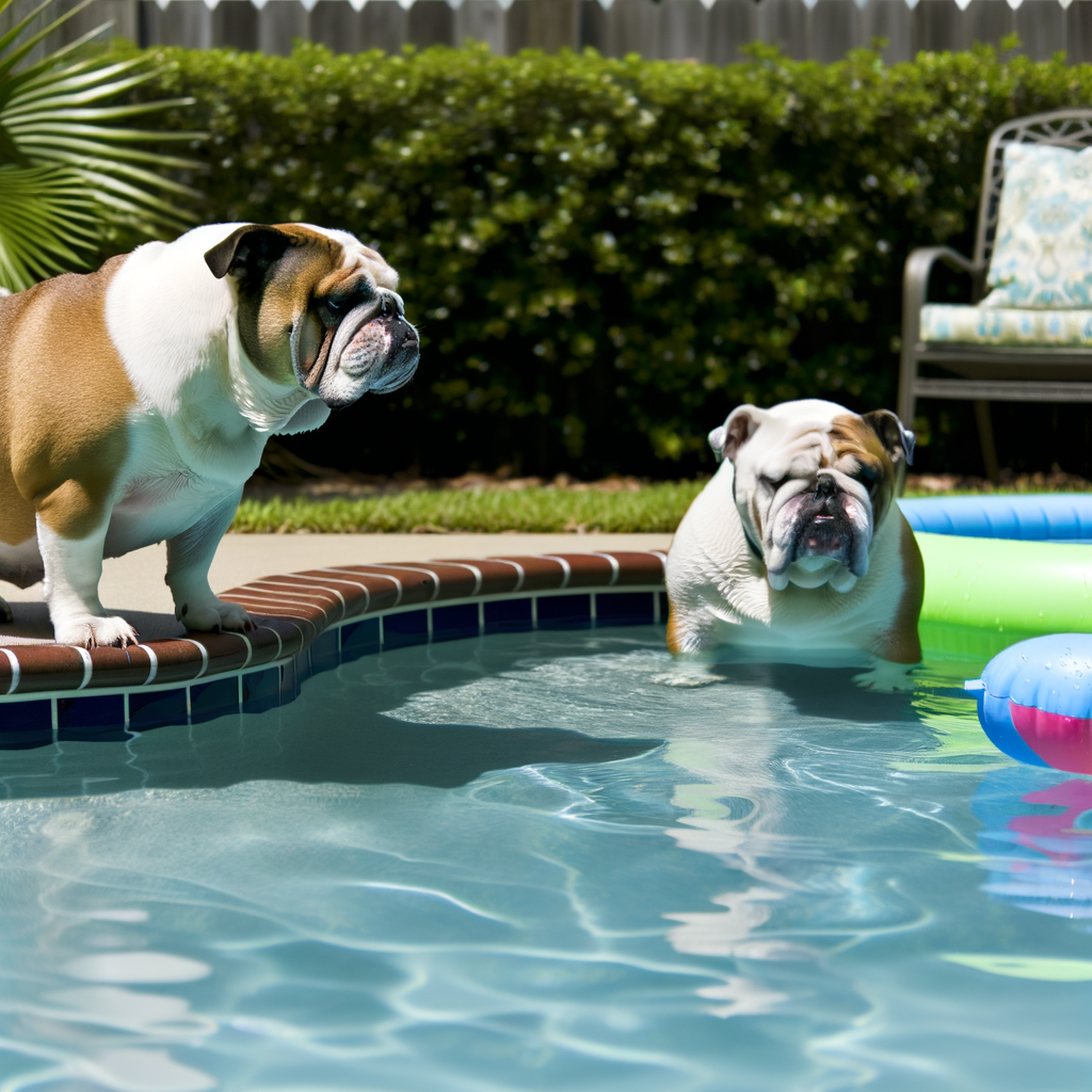 Two bulldogs by a swimming pool on a sunny day.