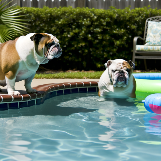 Two bulldogs by a swimming pool on a sunny day.