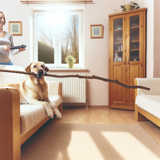 A dog on a couch playfully holding a stick.