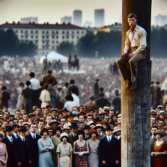 A man sits on a wooden post amidst a crowd.