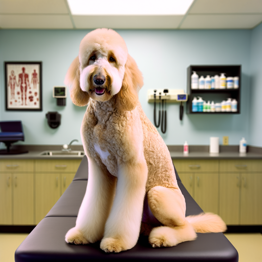 Friendly dog sitting on an examination table in a vet clinic.
