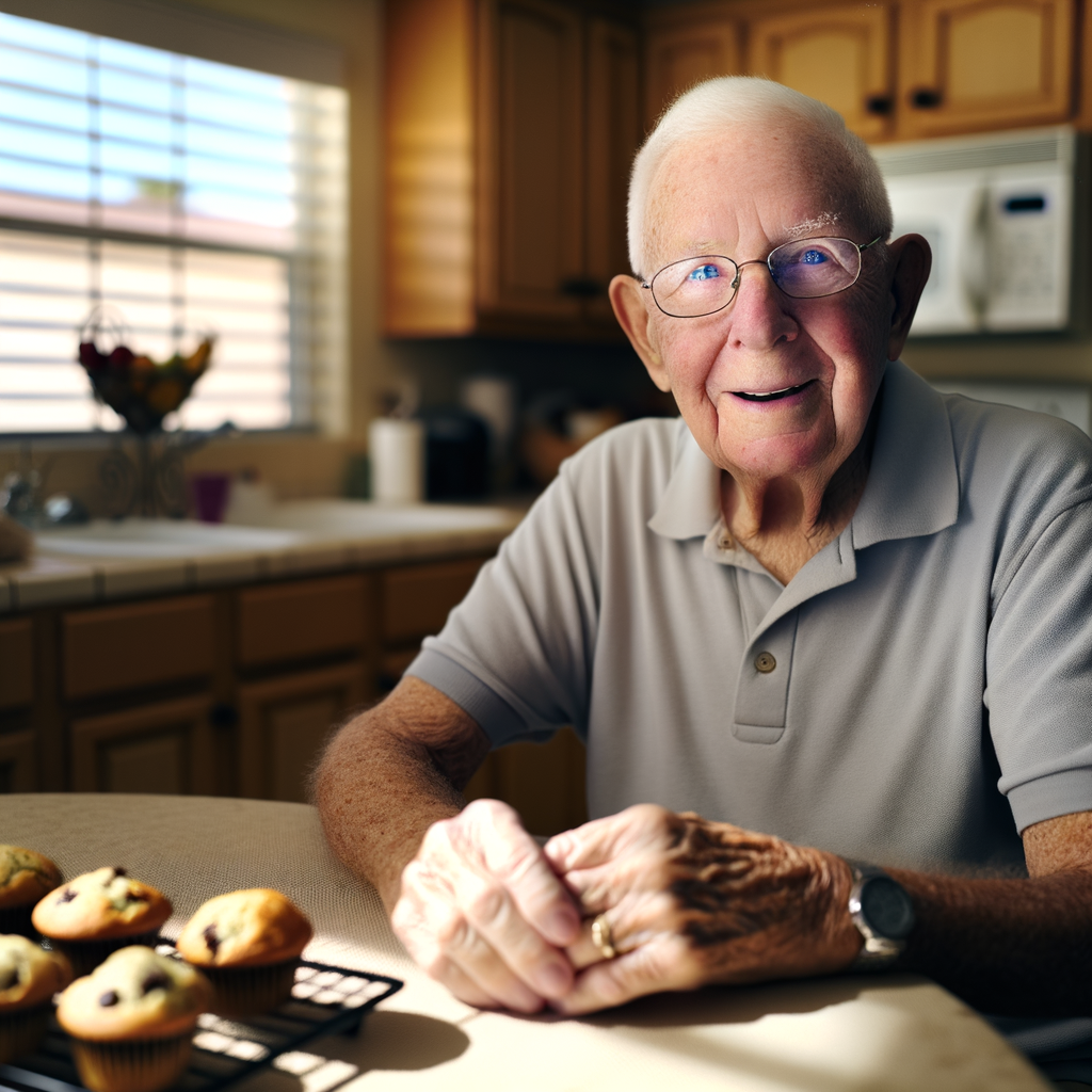Smiling elderly man sitting at a kitchen table.