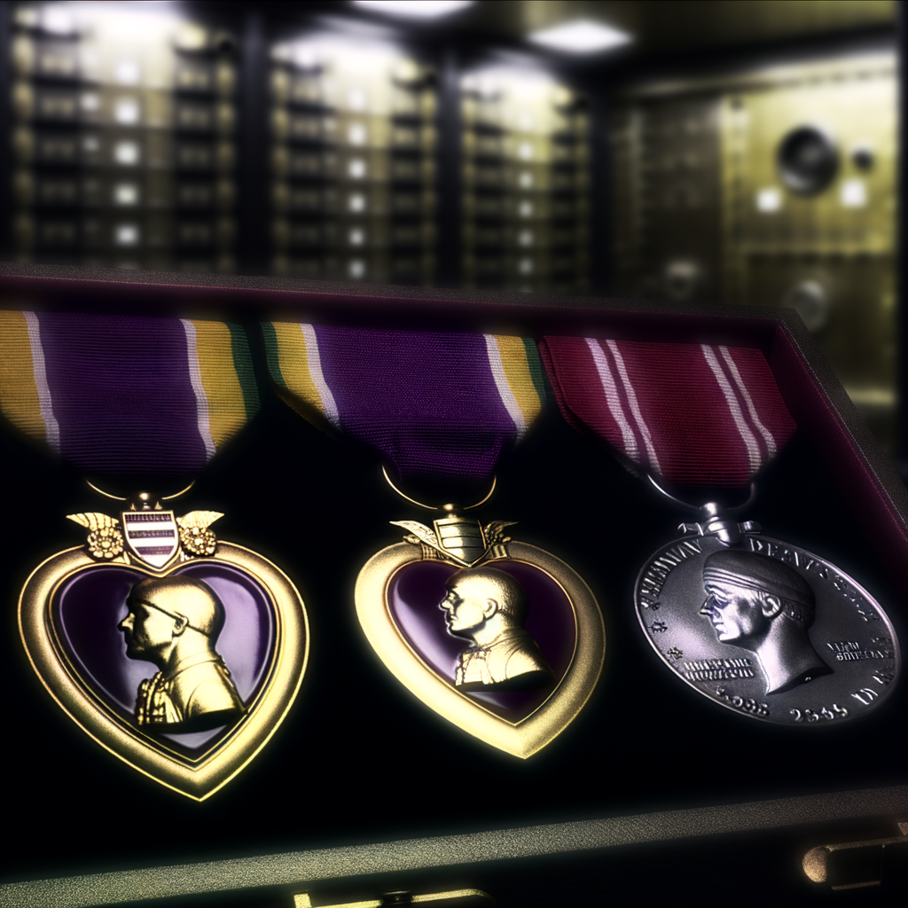 Medals displayed in a case, honoring military service.