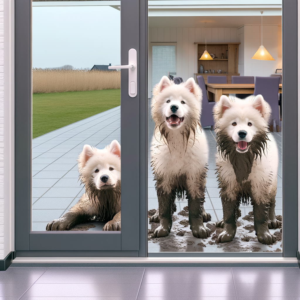 Three muddy Samoyeds looking through a glass door.