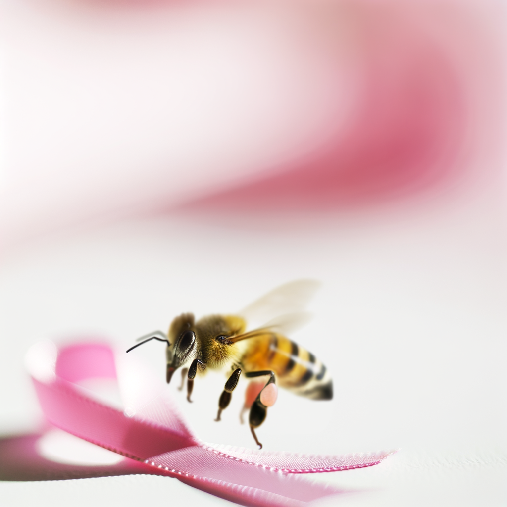 Honeybee hovering above a pink ribbon.