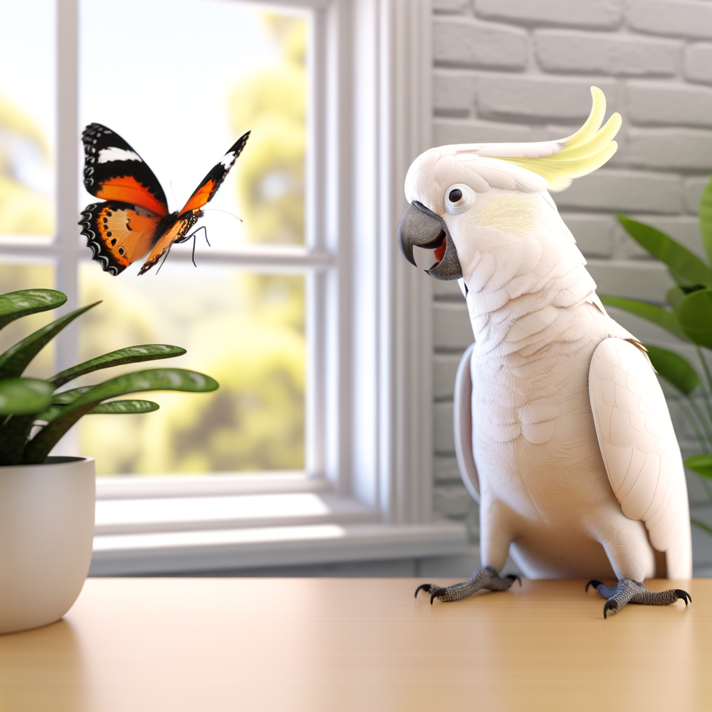 Cockatoo gazing at a butterfly by the window.