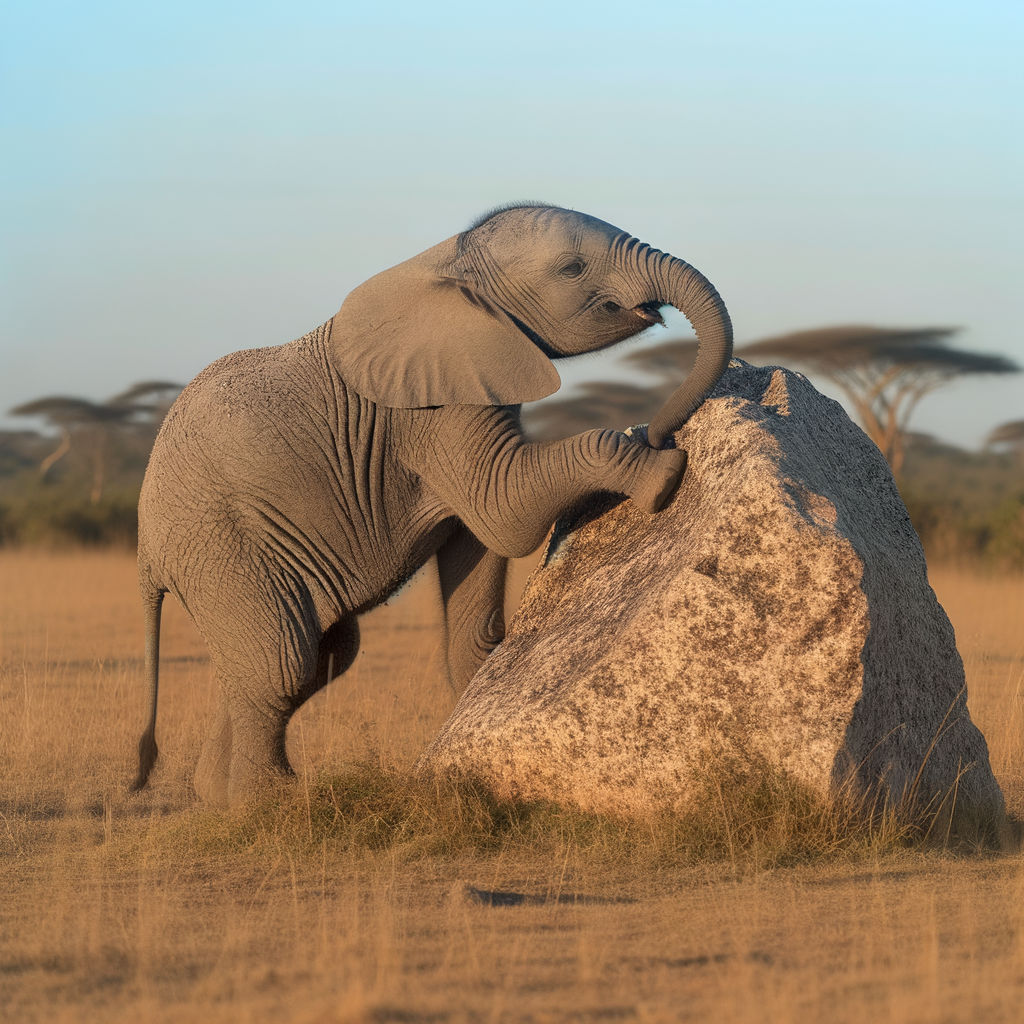 Young elephant playfully interacting with a large rock.