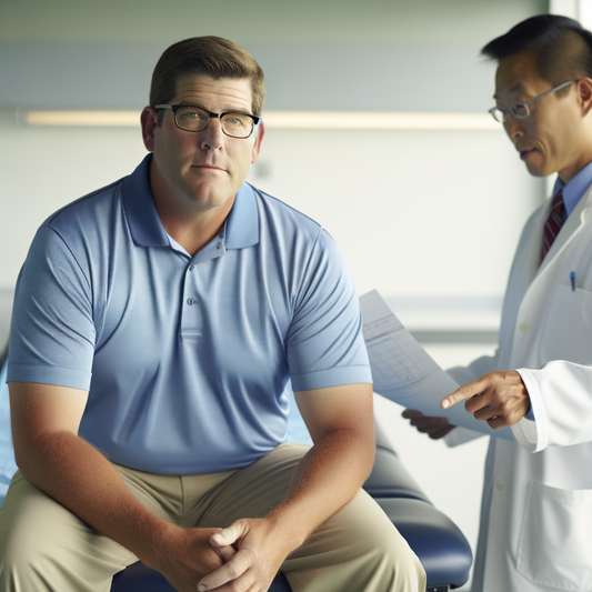 A man in a polo shirt listens to a doctor.