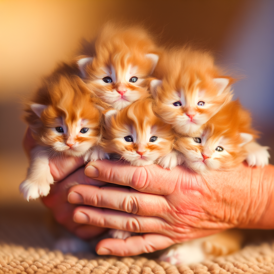 Six fluffy orange kittens cuddled in a person's hands.