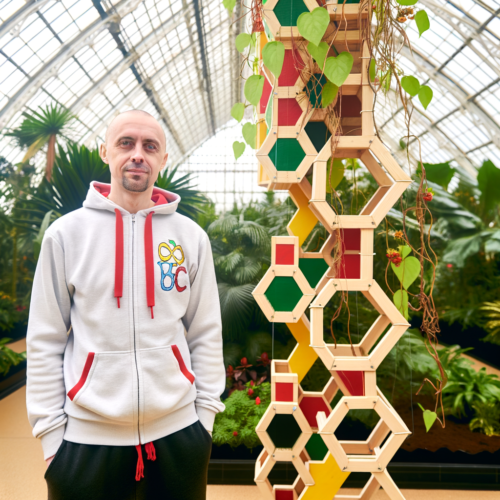 Man standing beside a colorful plant display indoors.