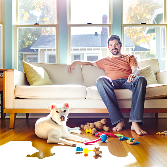 Man relaxing on a sofa with a dog and toys.