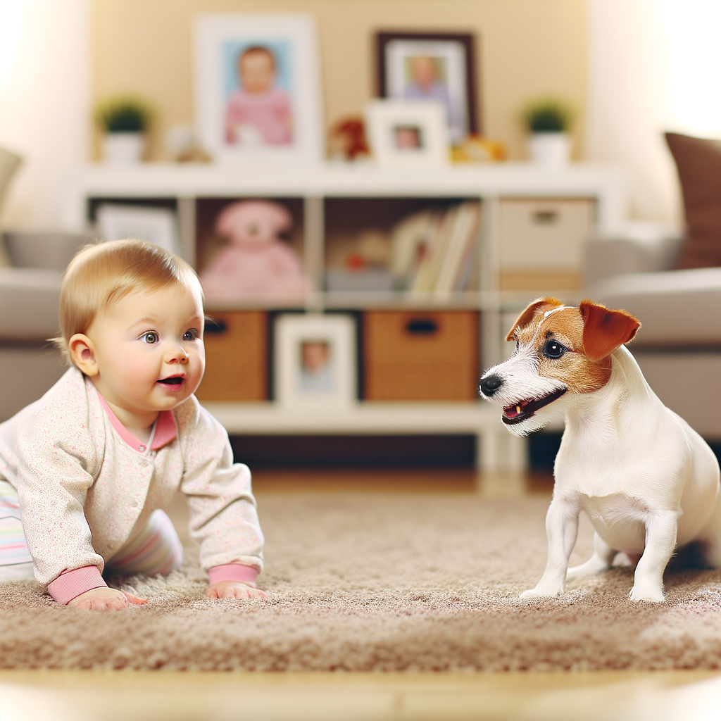 Baby crawling on the carpet next to a playful dog.