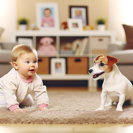 Baby crawling on the carpet next to a playful dog.