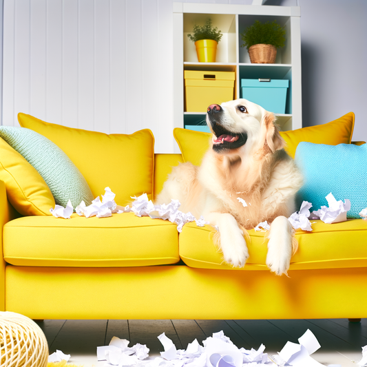 Golden retriever relaxing on a yellow couch with paper scraps.