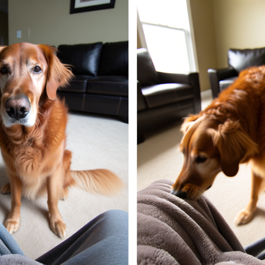 Golden retriever sitting beside a cozy blanket.