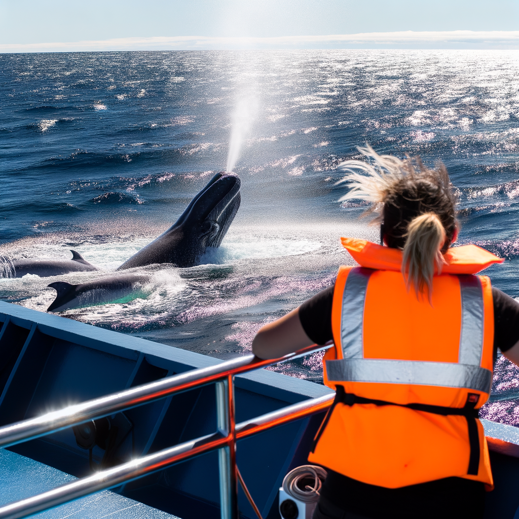 Person on a boat watches a whale breaching.