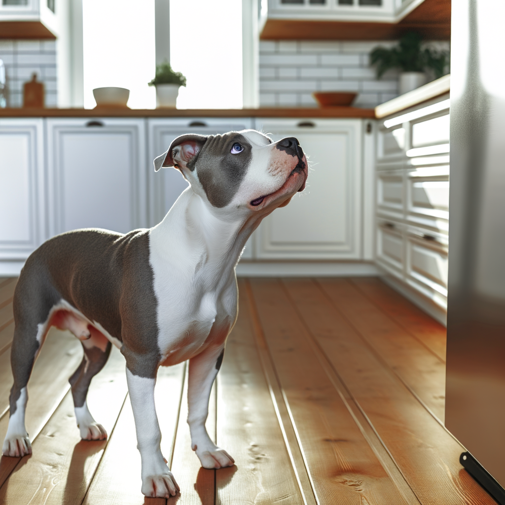 A curious dog looking up in a modern kitchen.