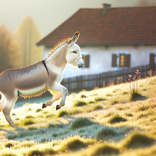 A donkey running in a sunlit grassy field.