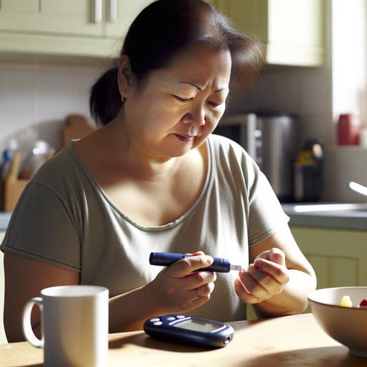 Woman checking blood sugar levels at home.