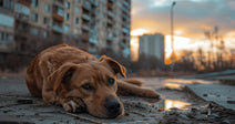 Brown dog lying on a damaged city street at sunset with apartment buildings and debris in the background.