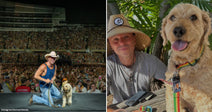 On the left, a man in a cowboy hat kneels onstage with a dog; on the right, a man in a straw hat poses outdoors with a fluffy dog.