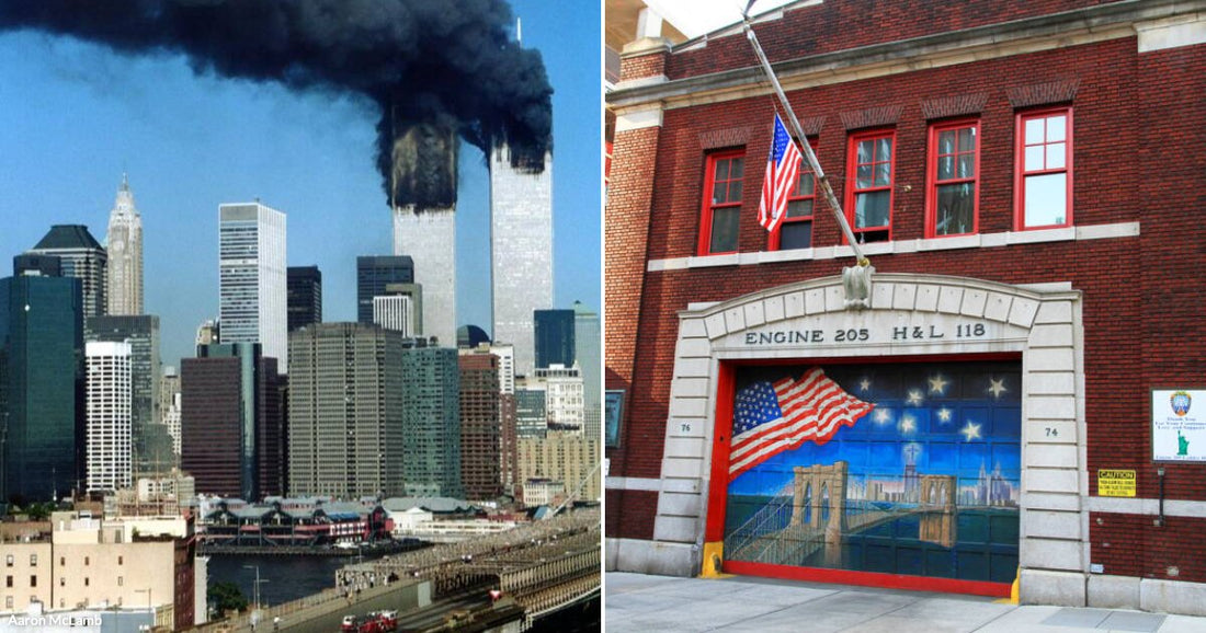  On the left, the Twin Towers burn with thick black smoke above Manhattan's skyline; on the right, a brick firehouse labeled "Engine 205 H&L 118" displays a patriotic mural.