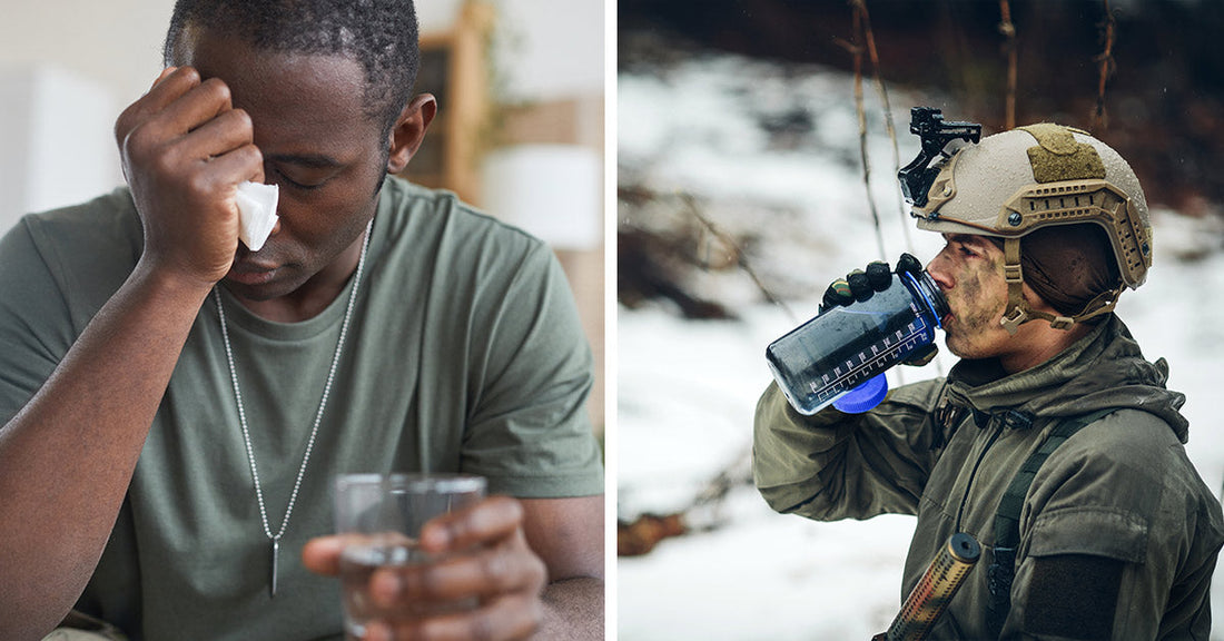 Split image showing a distressed man holding a glass of water on the left and a soldier in winter gear drinking from a large water bottle in the snow on the right.