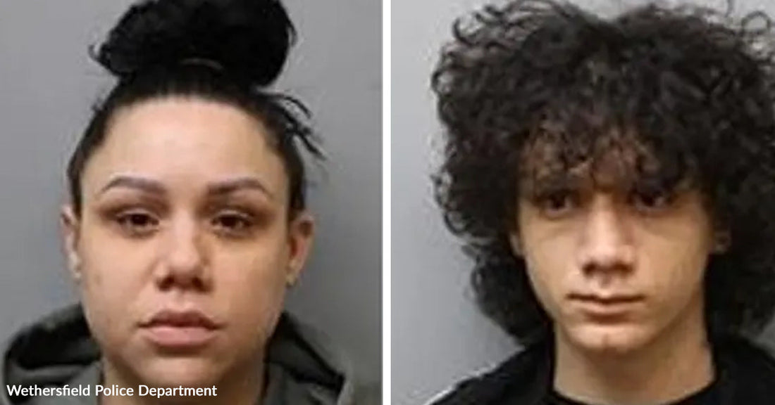 Side-by-side mugshots of two people against a gray background: a woman with dark hair in a high bun on the left and a young man with long curly hair on the right.