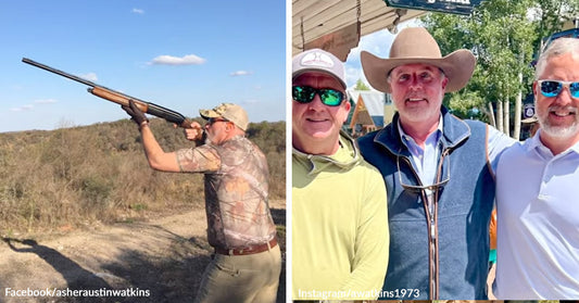 Split image showing a man aiming a shotgun in a dry outdoor landscape on the left and three adult men posing together on a sunny street on the right.